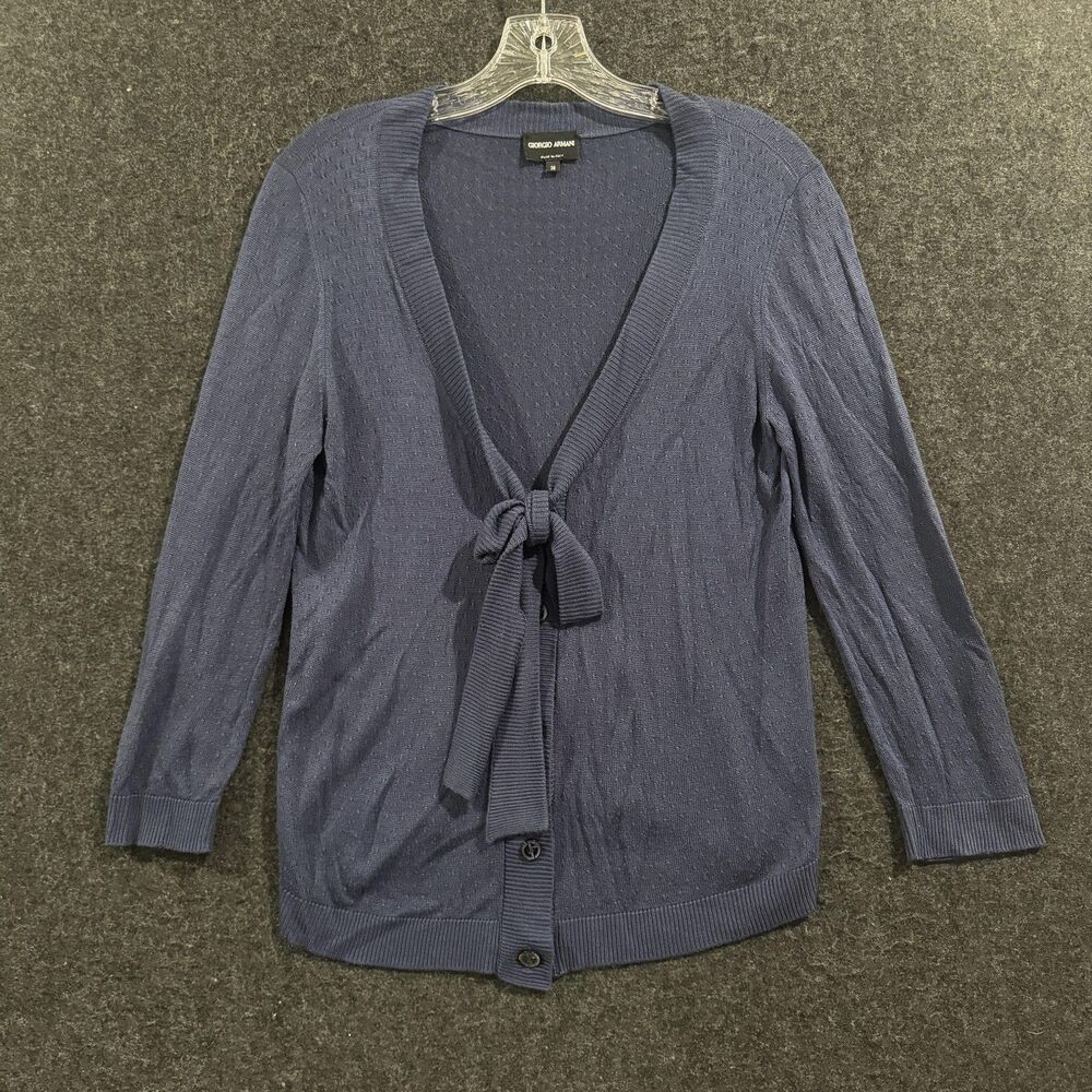 Giorgio Armani Cardigan Women's 38 Blue Tie Front Knit Silk Cashmere Made Italy